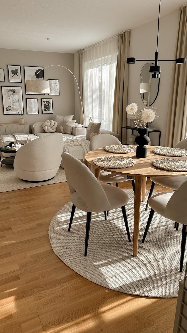 Beige dining room walls in a modern open-concept living space with wooden furniture.