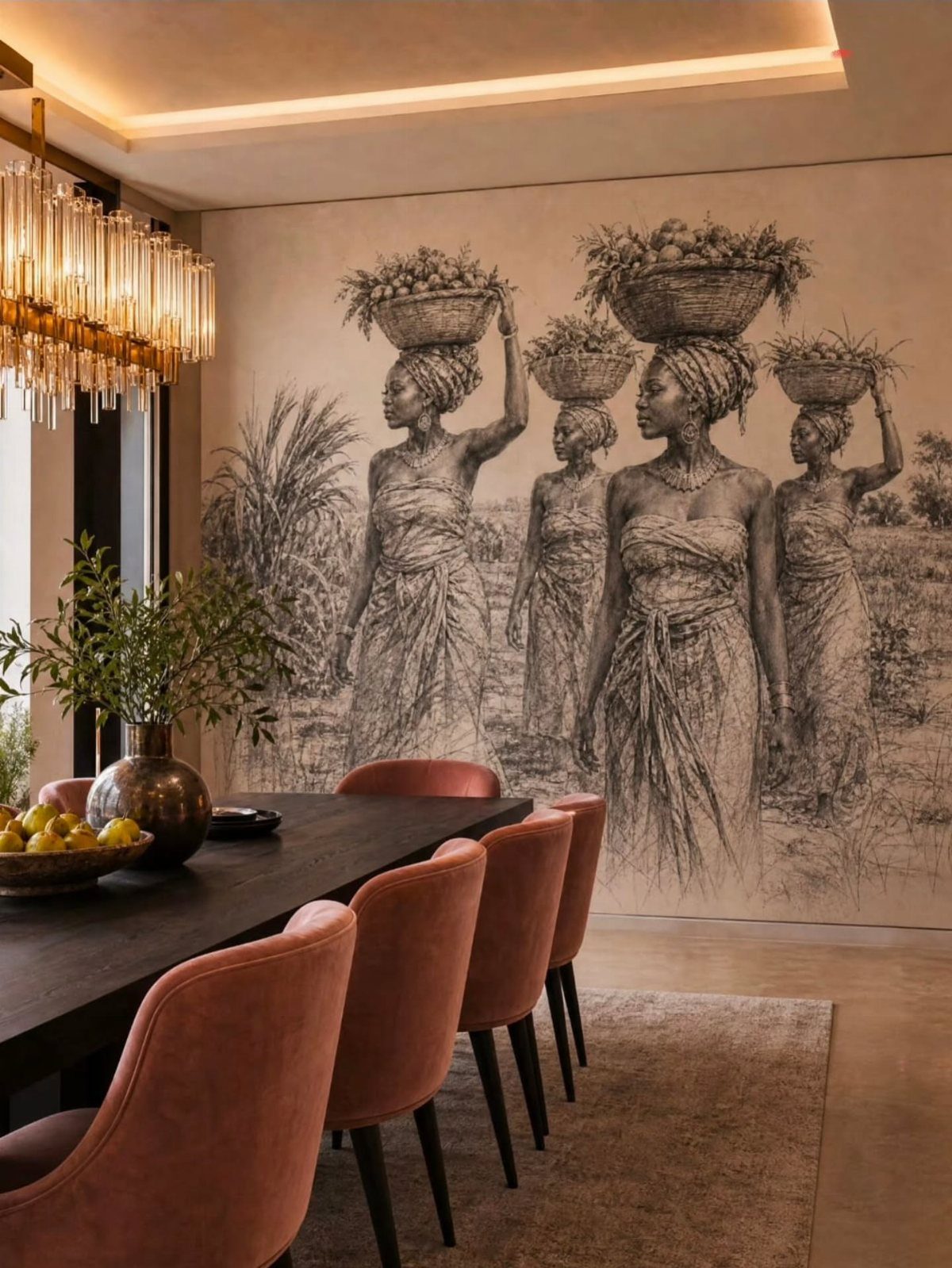 Large black and white sketch of women on a dining room wall