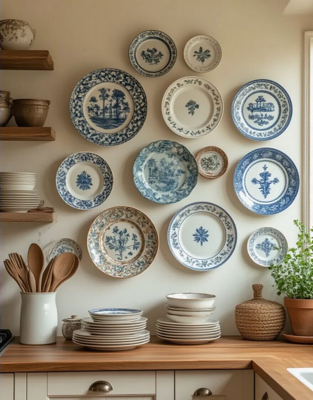 Blue and white patterned ceramic plates displayed on a beige kitchen wall.