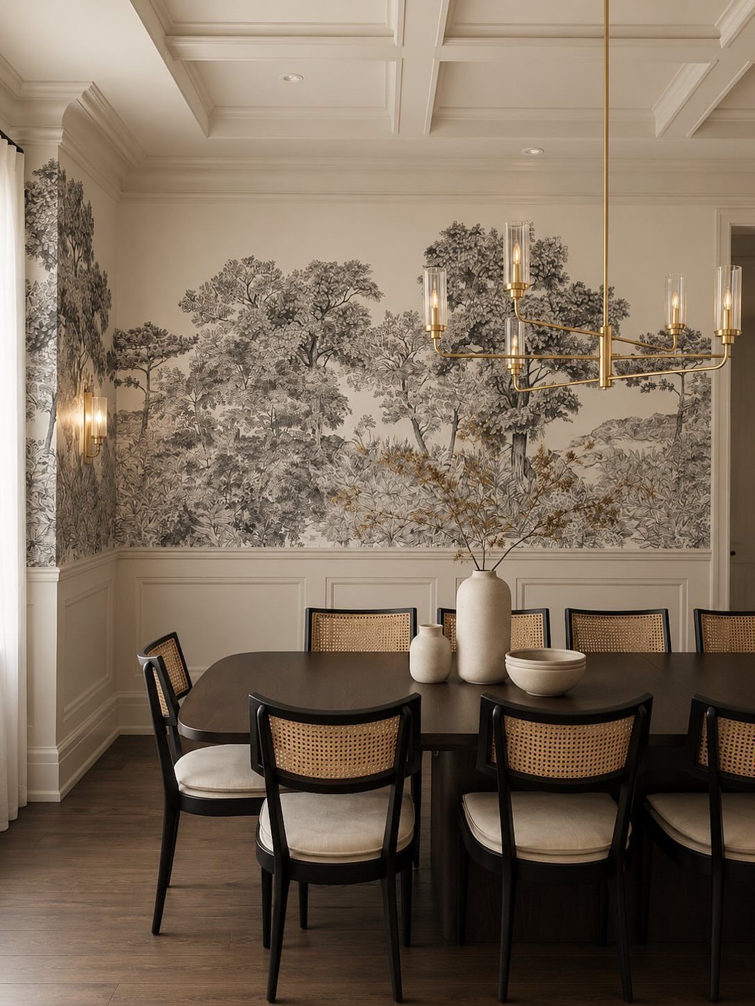 Forest landscape mural wallpaper on a dining room wall with a dark table.