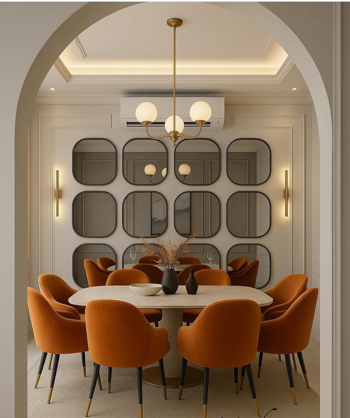 Grid of rounded rectangular mirrors on a white dining room wall with orange chairs