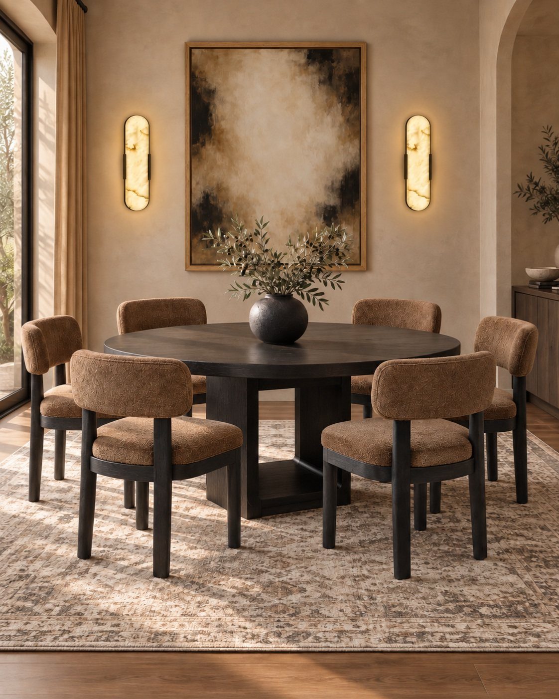 Dining room with a round black table, brown chairs, and glowing wall sconces.