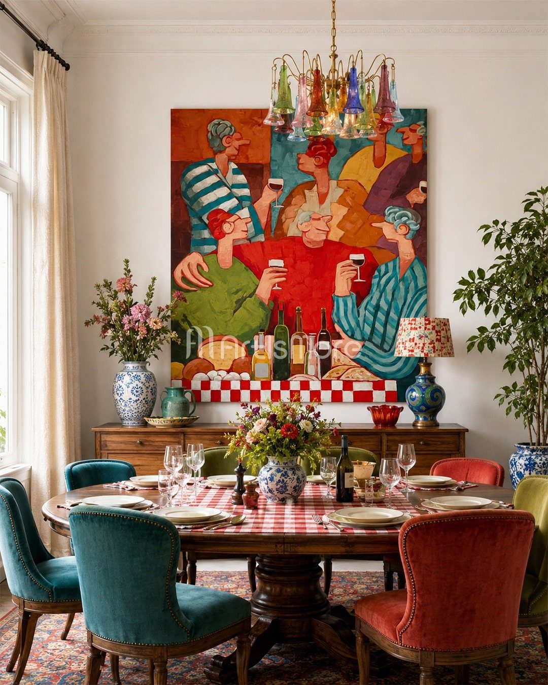 Large colorful painting of people dining hanging above a wooden sideboard in dining room