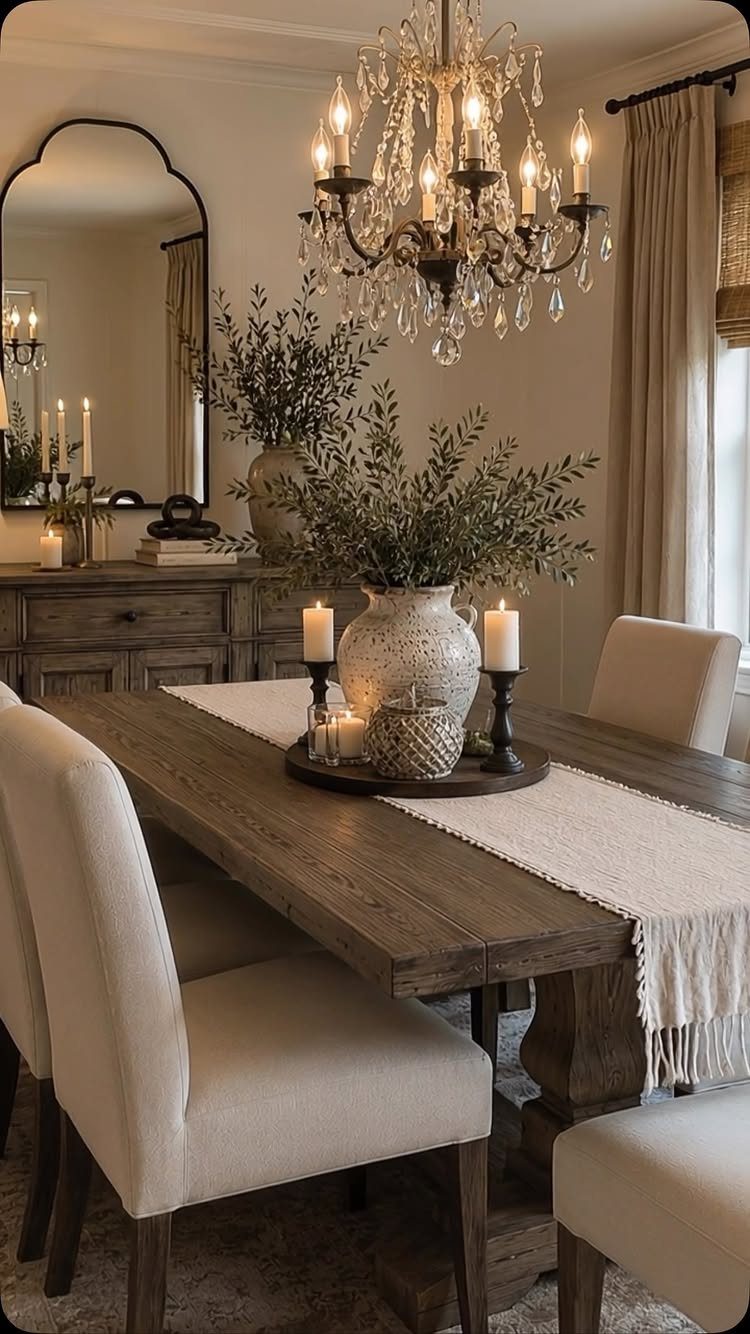 Wooden dining table and beige chairs with a buffet sideboard and crystal chandelier.