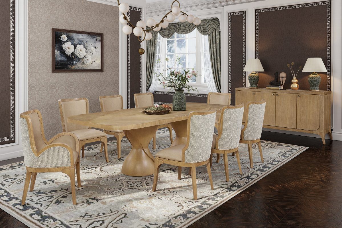 Wooden dining table and chairs with a matching buffet sideboard against a dark wall