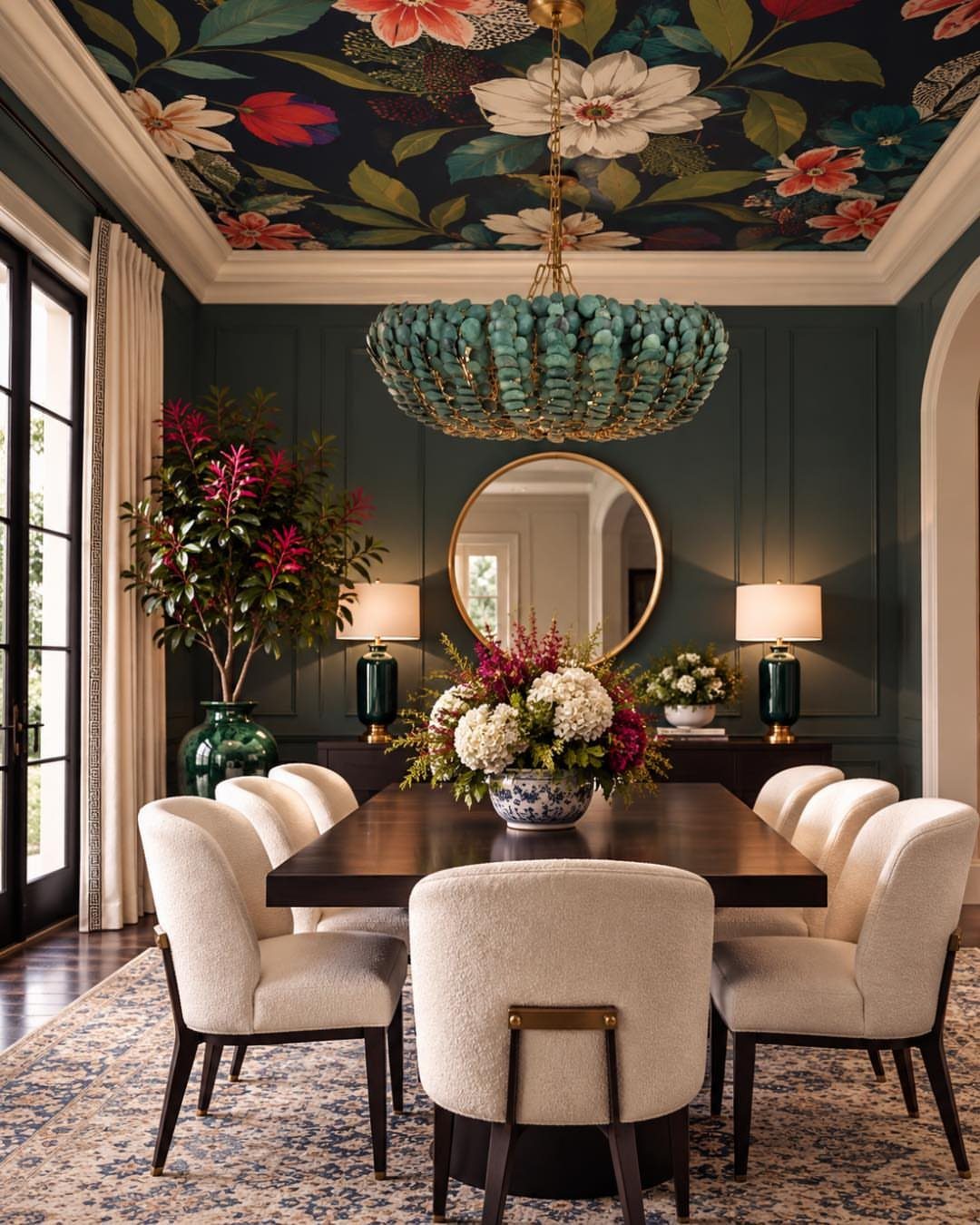 Turquoise beaded chandelier hanging over a dark wood dining table in a floral room.