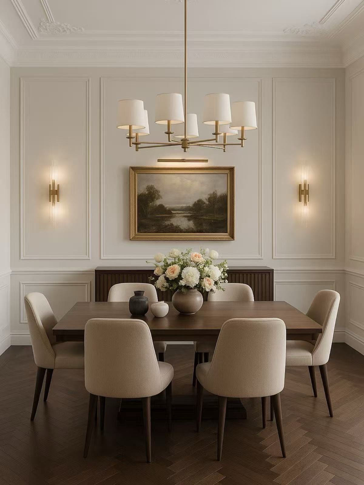 Gold chandelier with white shades hanging over a rectangular dining table and beige chairs.