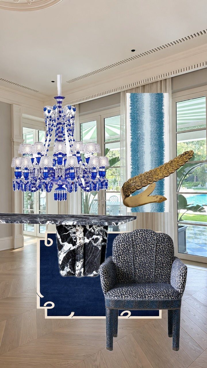 Ornate blue glass chandelier hanging over a black marble dining table in luxury room.