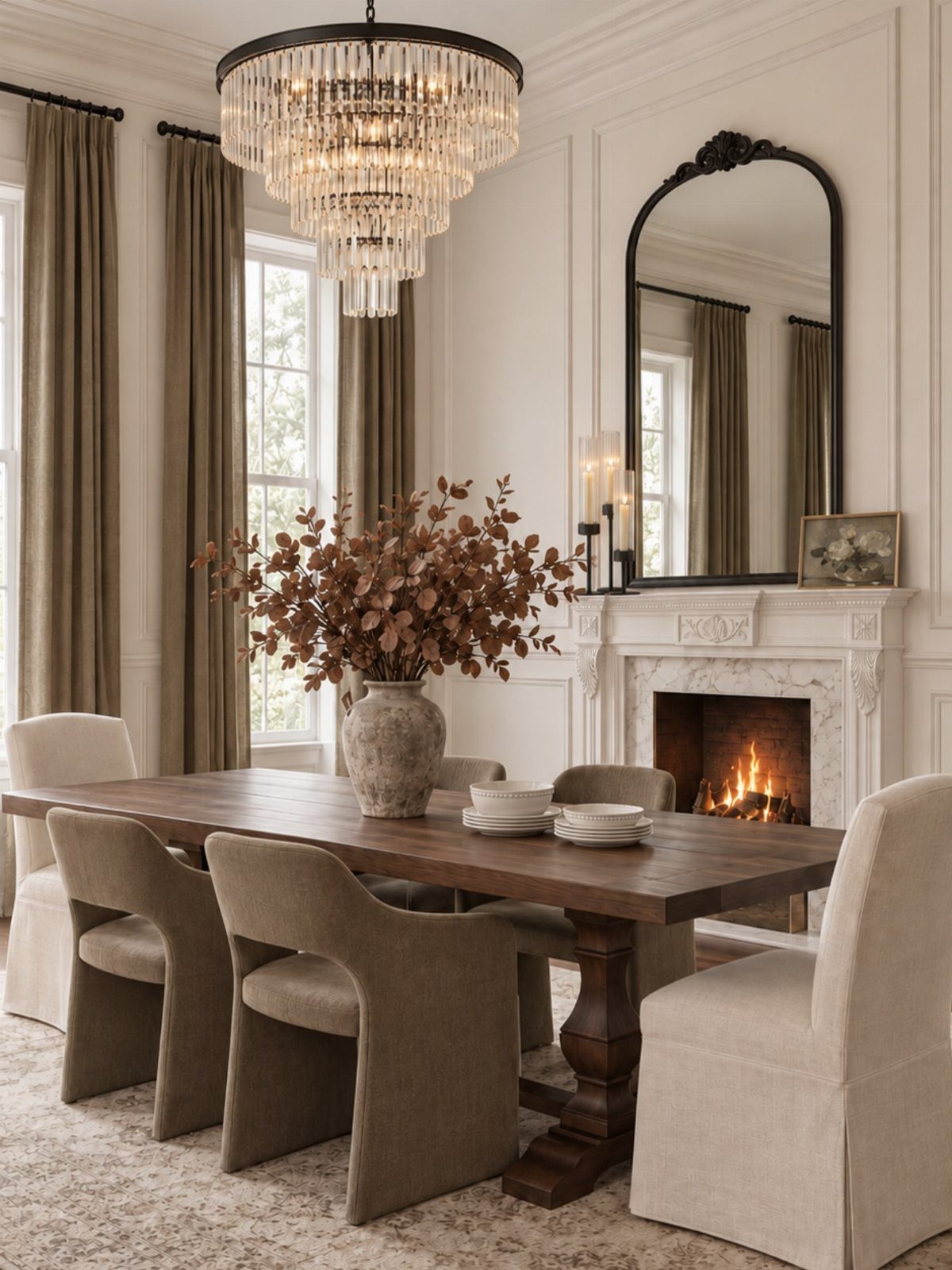 Tiered crystal chandelier hanging over a wooden dining table in a neutral room.