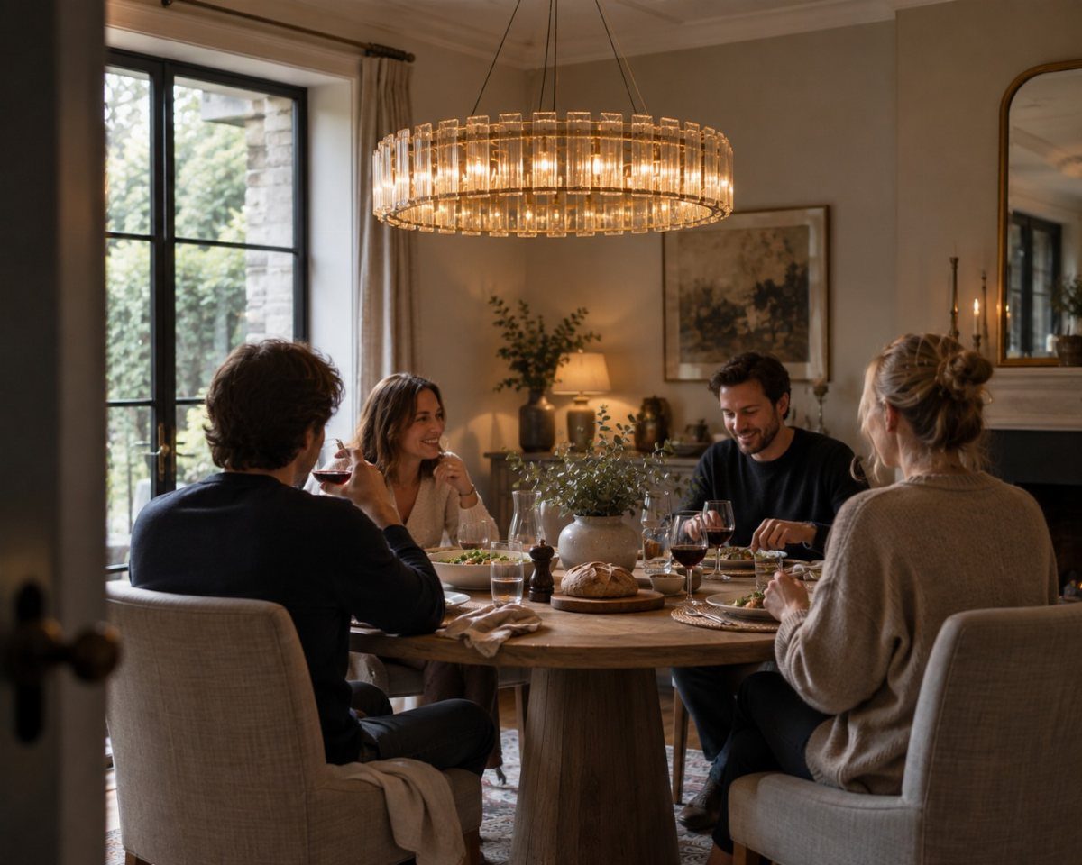 Round wooden dining table with a matching circular gold glass chandelier above four people.