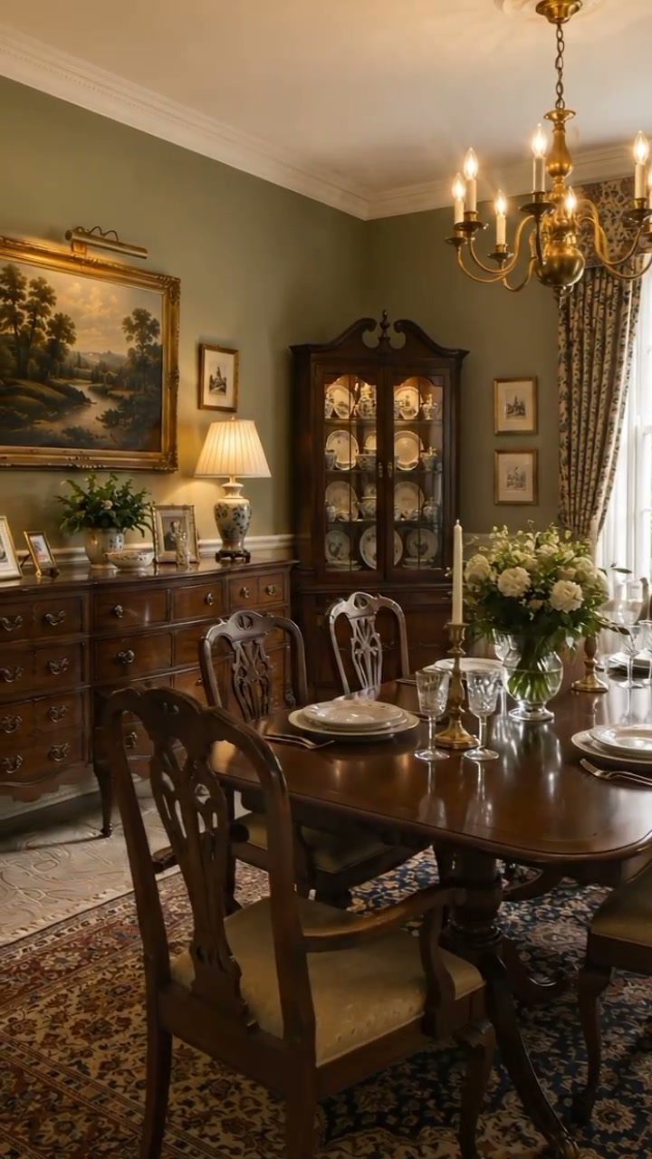 Brass candle-style chandelier hanging over a polished wooden dining table in a traditional room.
