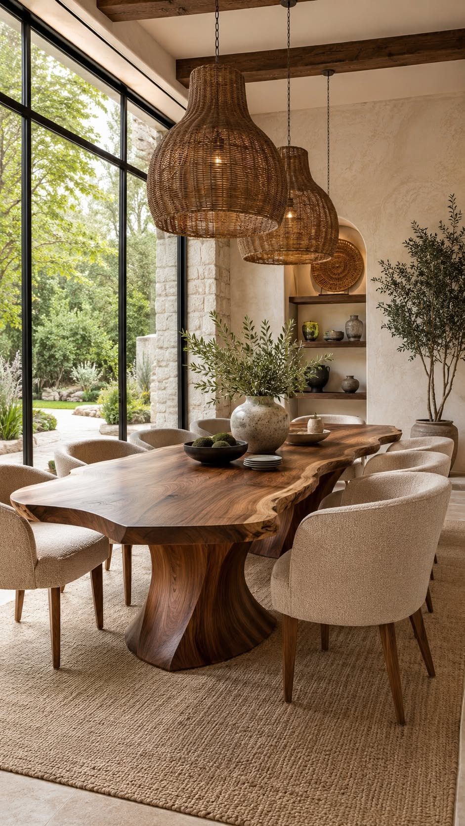 Live-edge wooden dining table with beige chairs and woven pendant lights in bright room