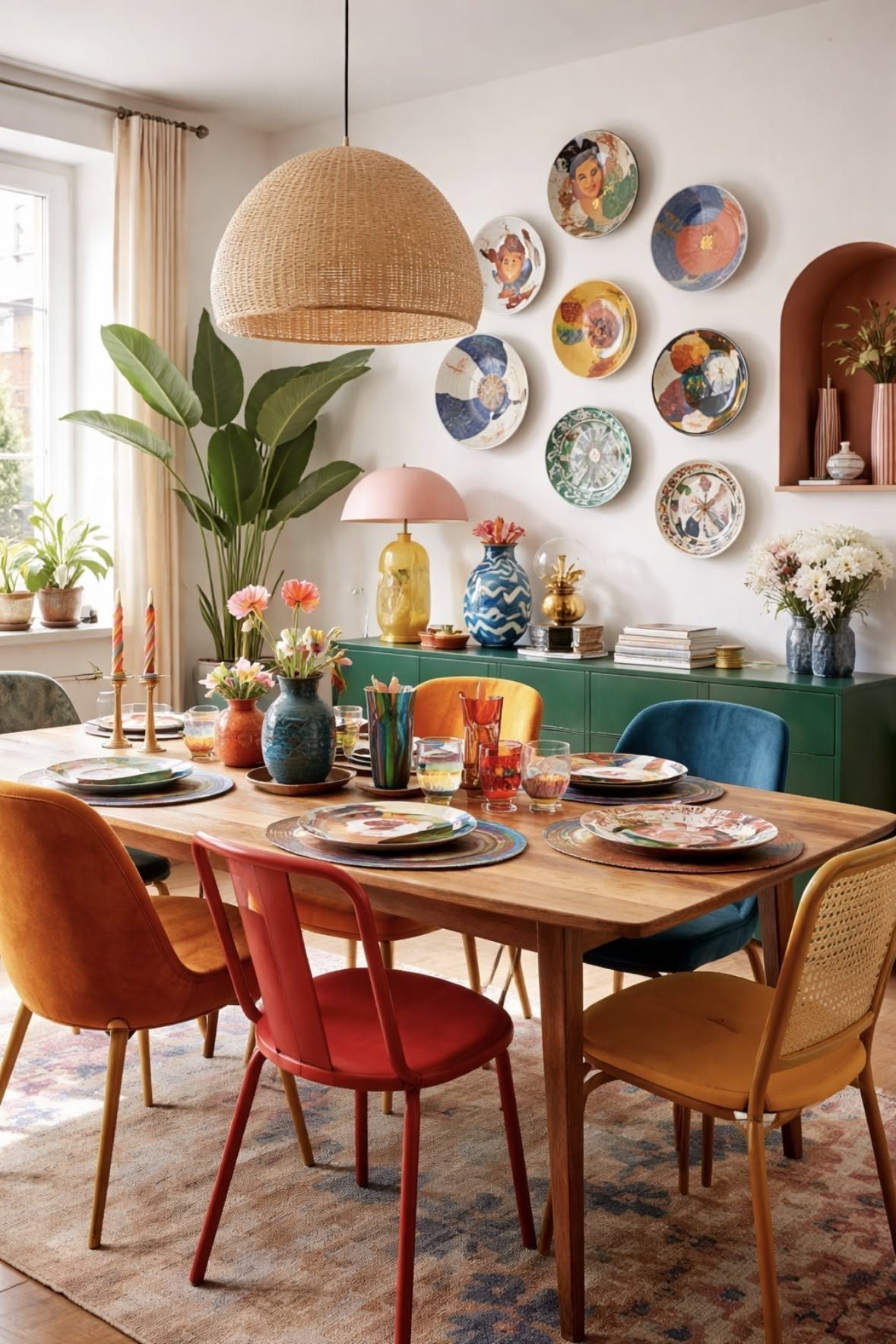 Wood dining table set with colorful dishware and mismatched vibrant chairs in a room.