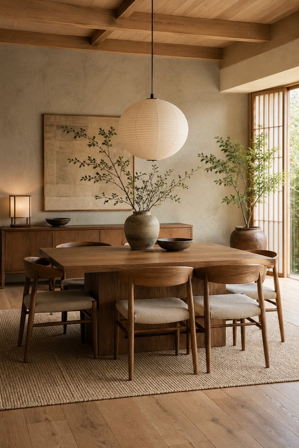 Wooden dining table and chairs in a minimalist room with a paper lantern.