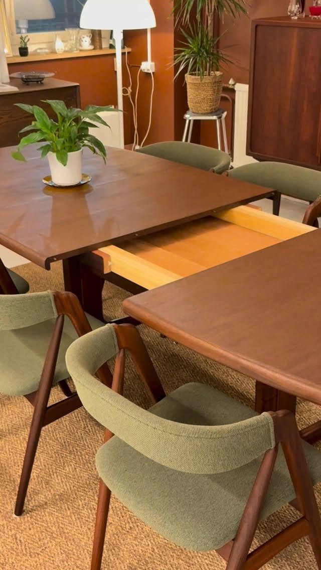 Wooden dining table with a small green potted plant and green upholstered chairs.