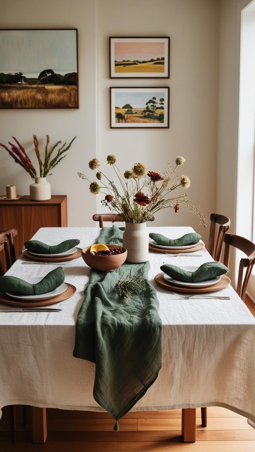 Dining table with white tablecloth, green runner, and floral centerpiece in a room.