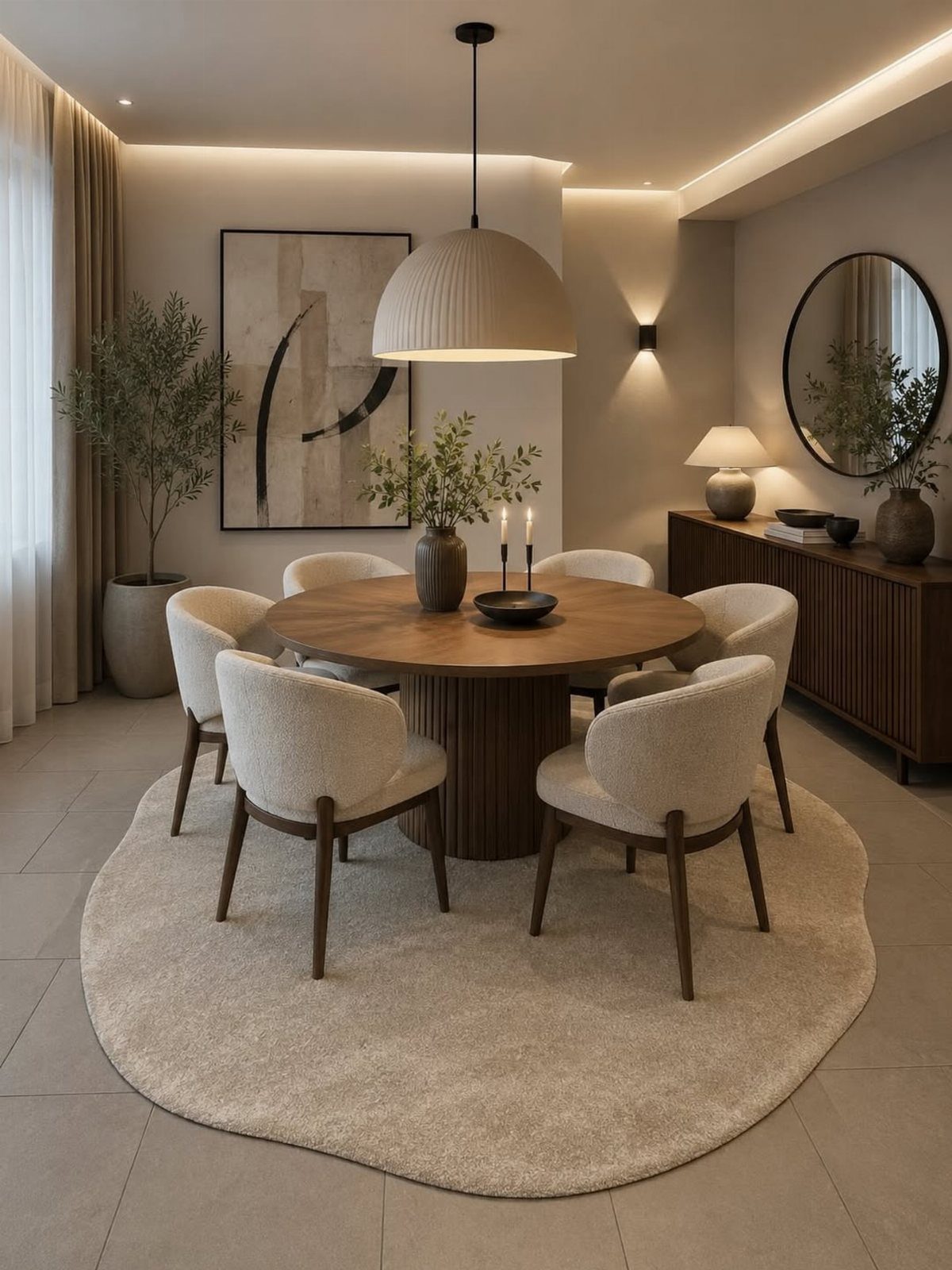 Round wooden dining table with white chairs, a vase, and candles in a modern room.