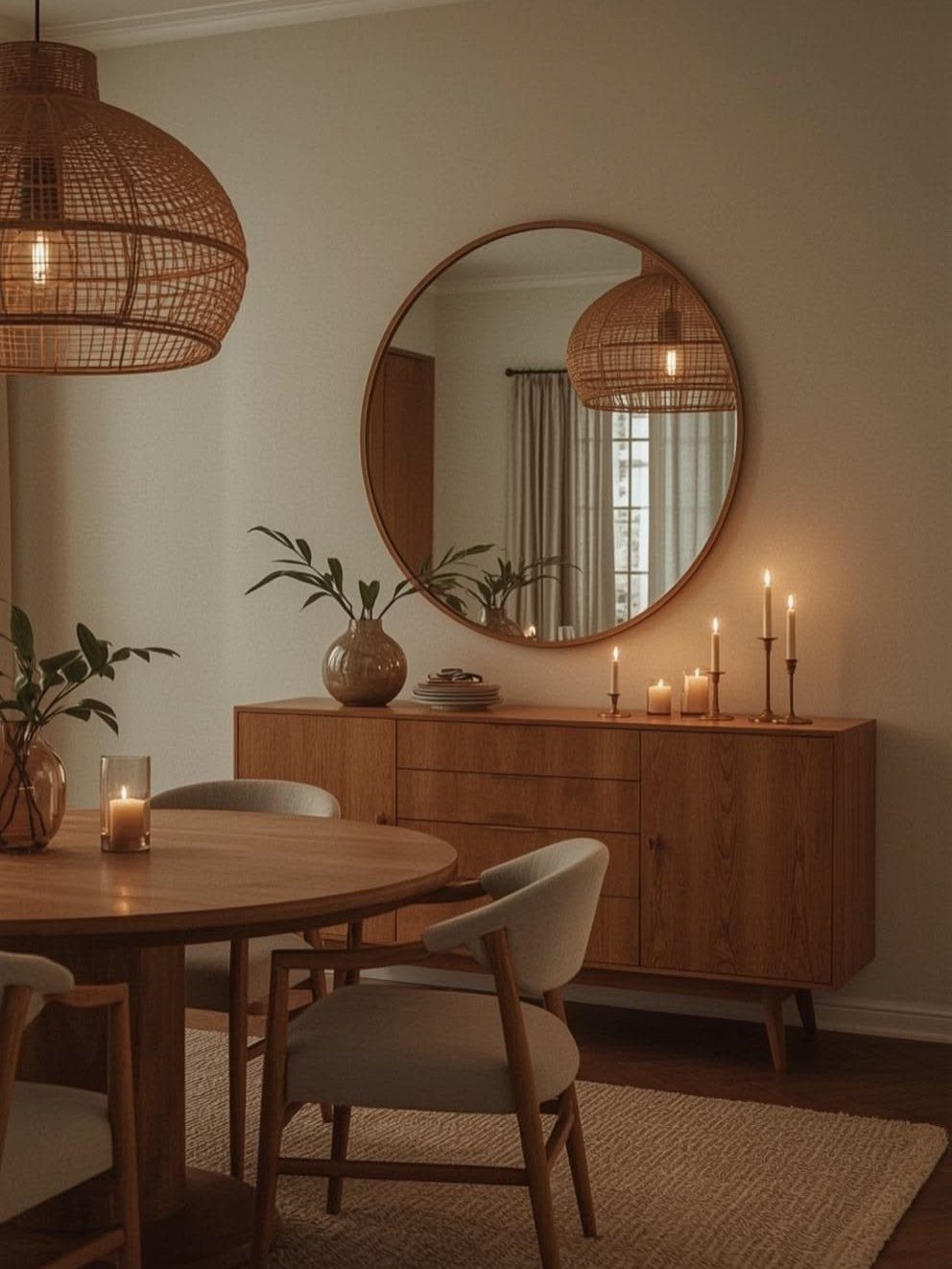 Round wooden dining table and chairs placed on a neutral woven area rug.