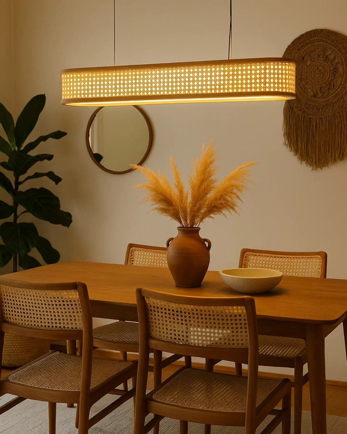 Wooden dining set in a room with light neutral walls and woven lighting.