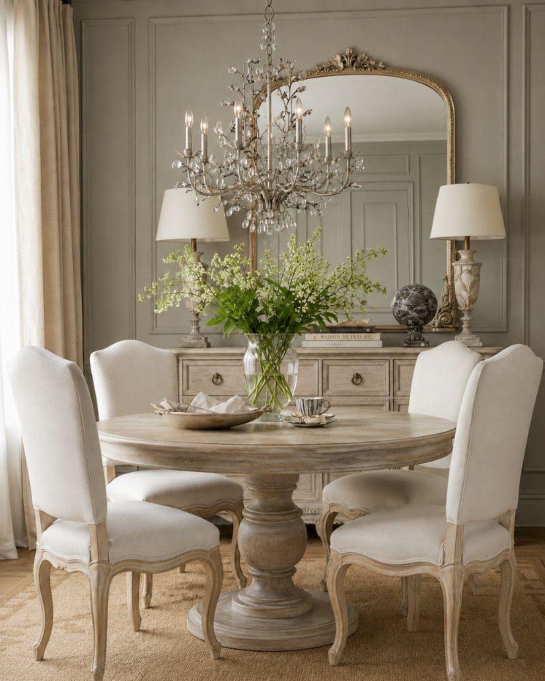 Round wooden dining table with a pedestal base and cream upholstered chairs.