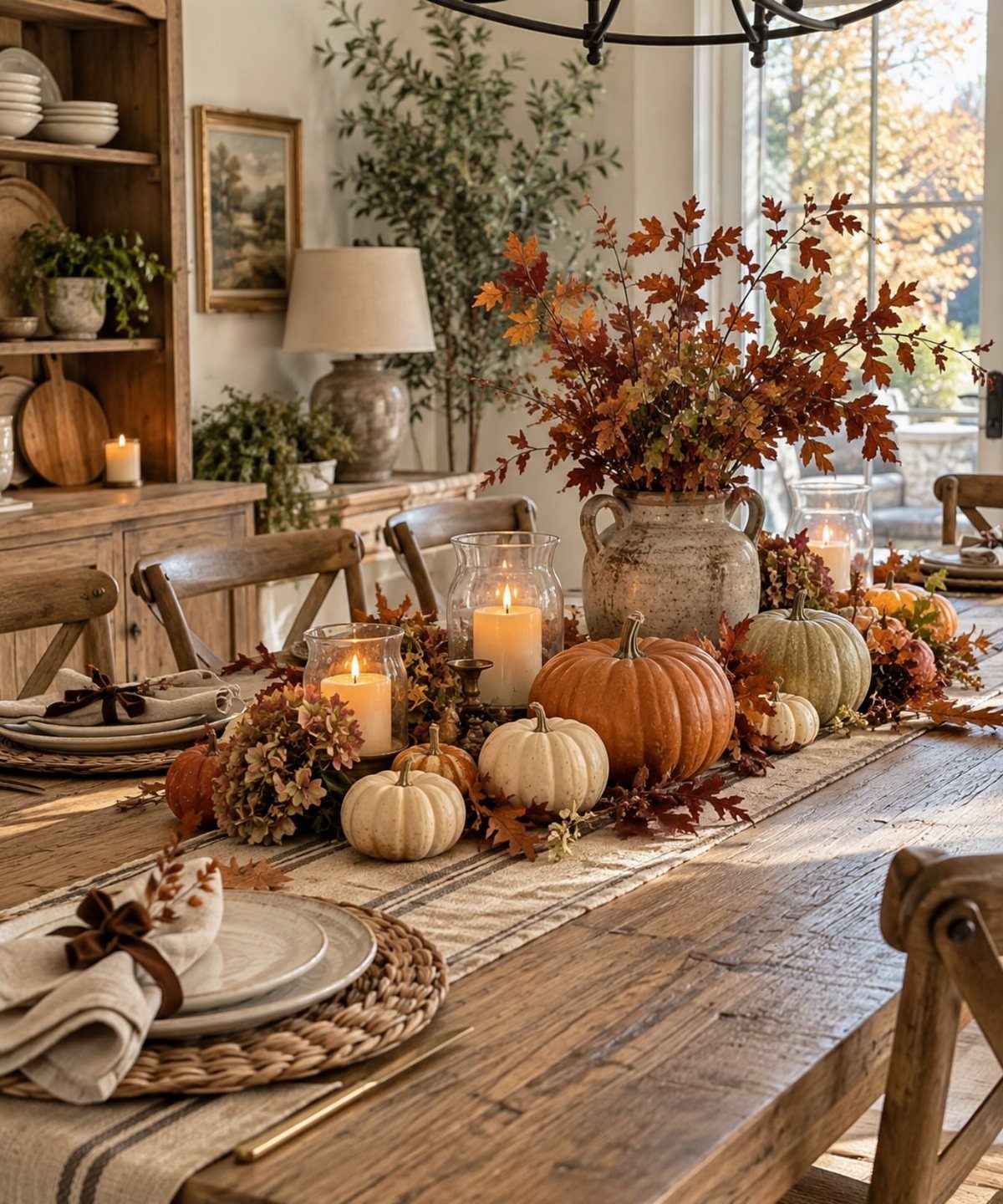 Autumn dining table with pumpkins, candles, and orange branches in a stone vase.