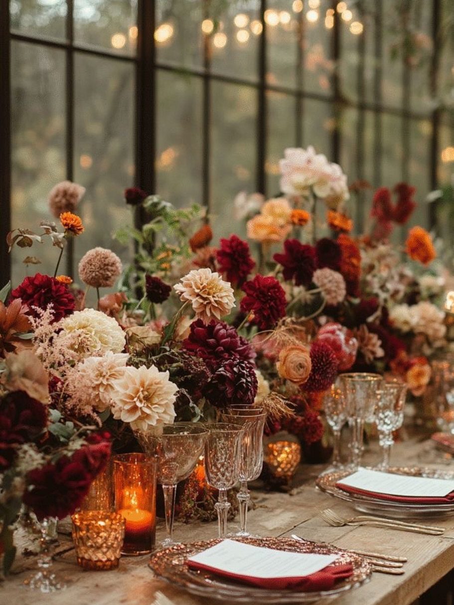 Lavish dining table with burgundy dahlias, crystal glasses, and glowing candles by windows.