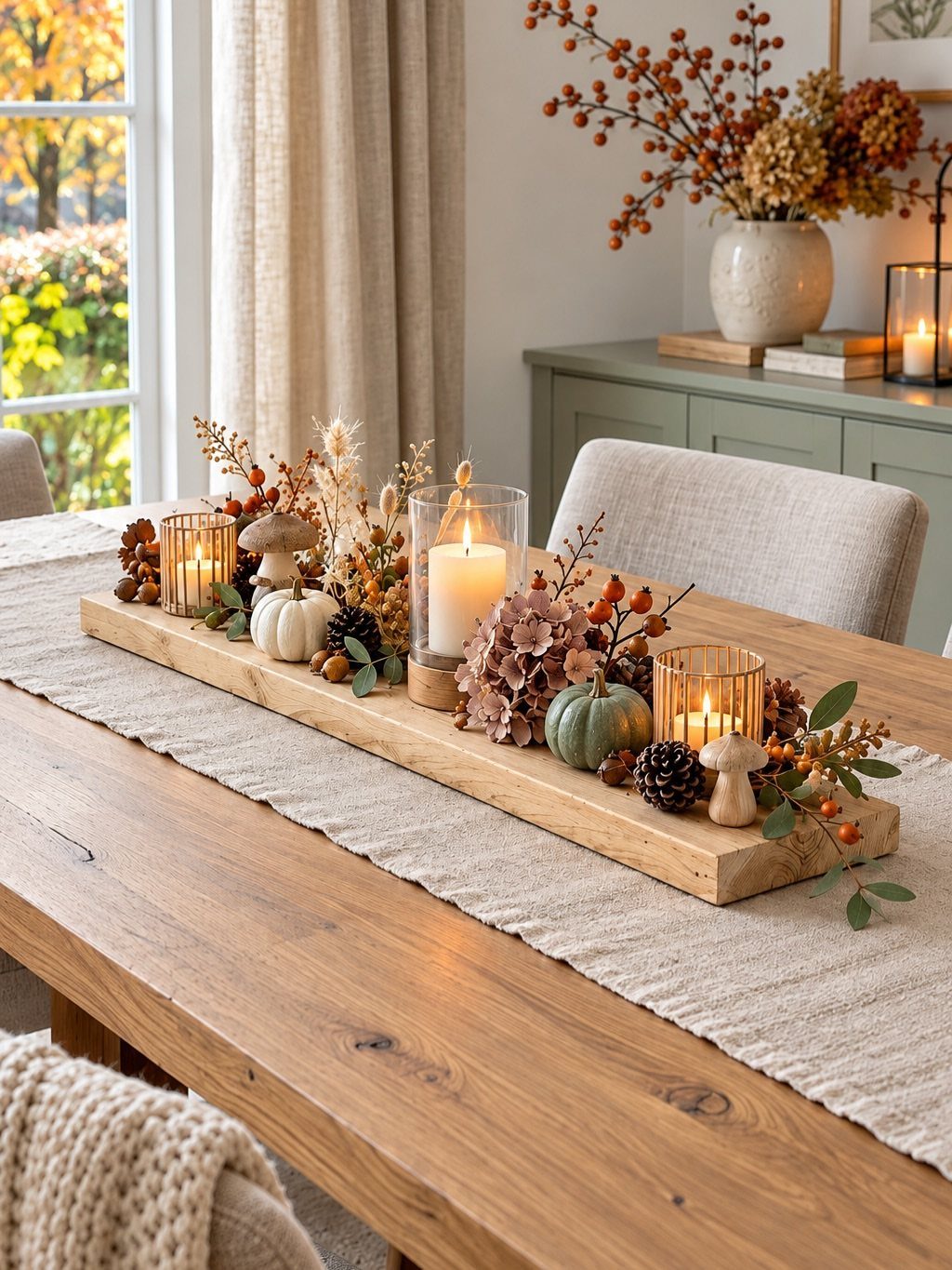 Wooden trough centerpiece with pumpkins and candles on a beige linen table runner.