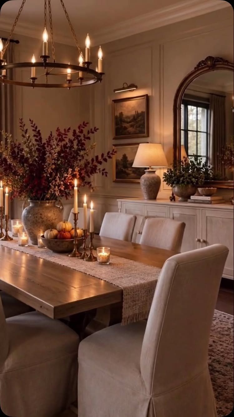 Dining room table with warm lighting from a chandelier, lamp, and candles.