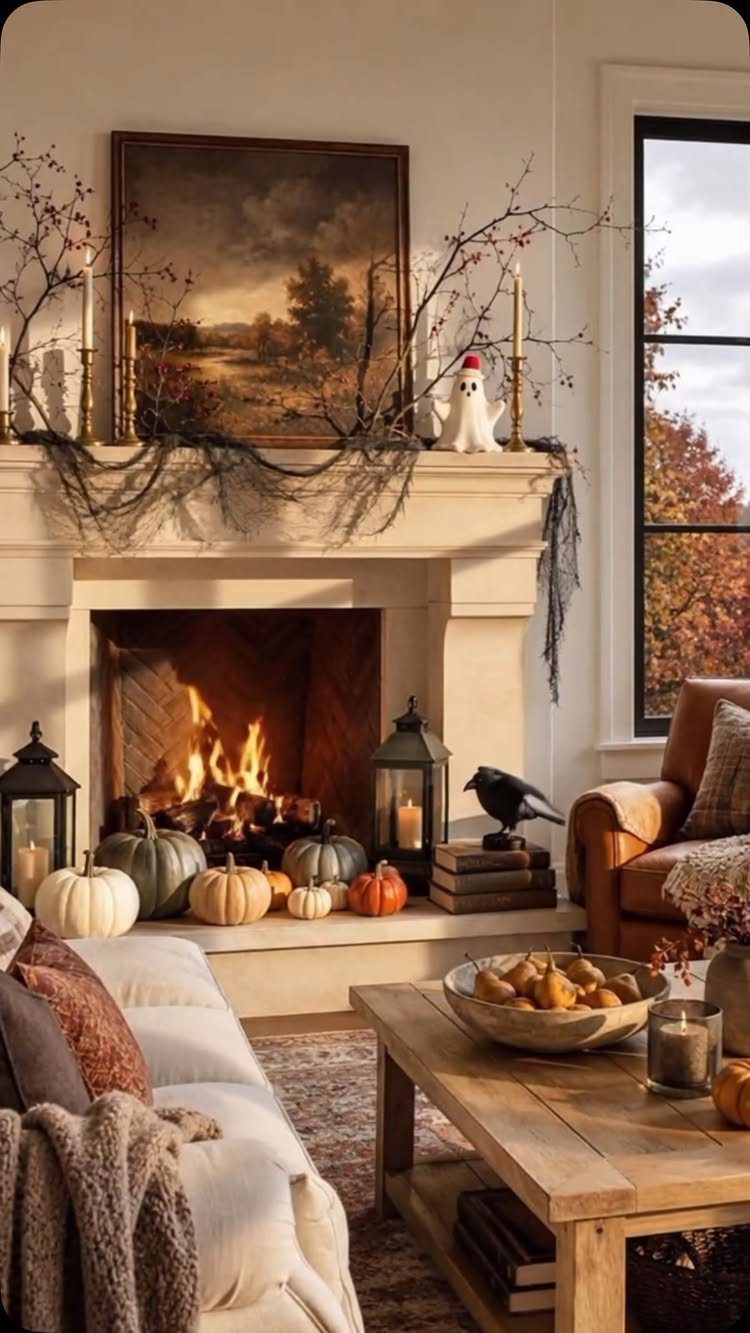 Fireplace hearth decorated with white, orange, and green pumpkins in a cozy room.
