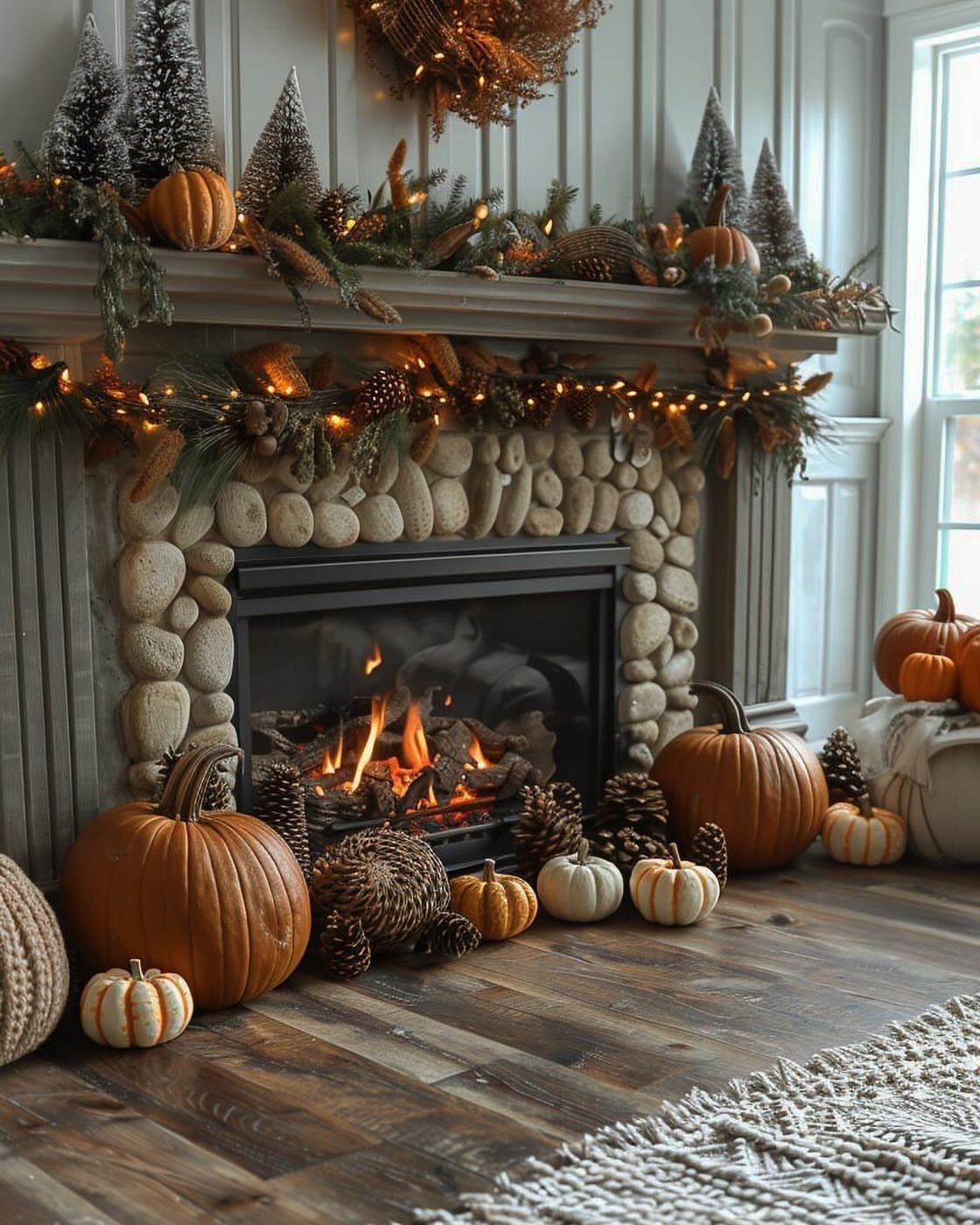 Stone fireplace mantel decorated with evergreen garlands and pumpkins on a wooden floor