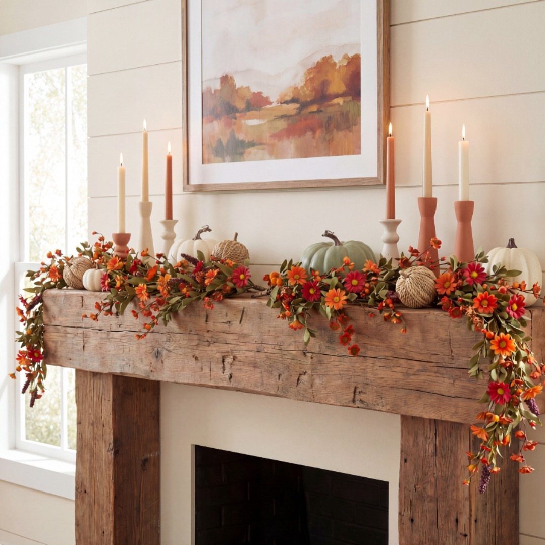 Rustic wooden mantel decorated with autumn floral garlands, pumpkins, and lit taper candles.