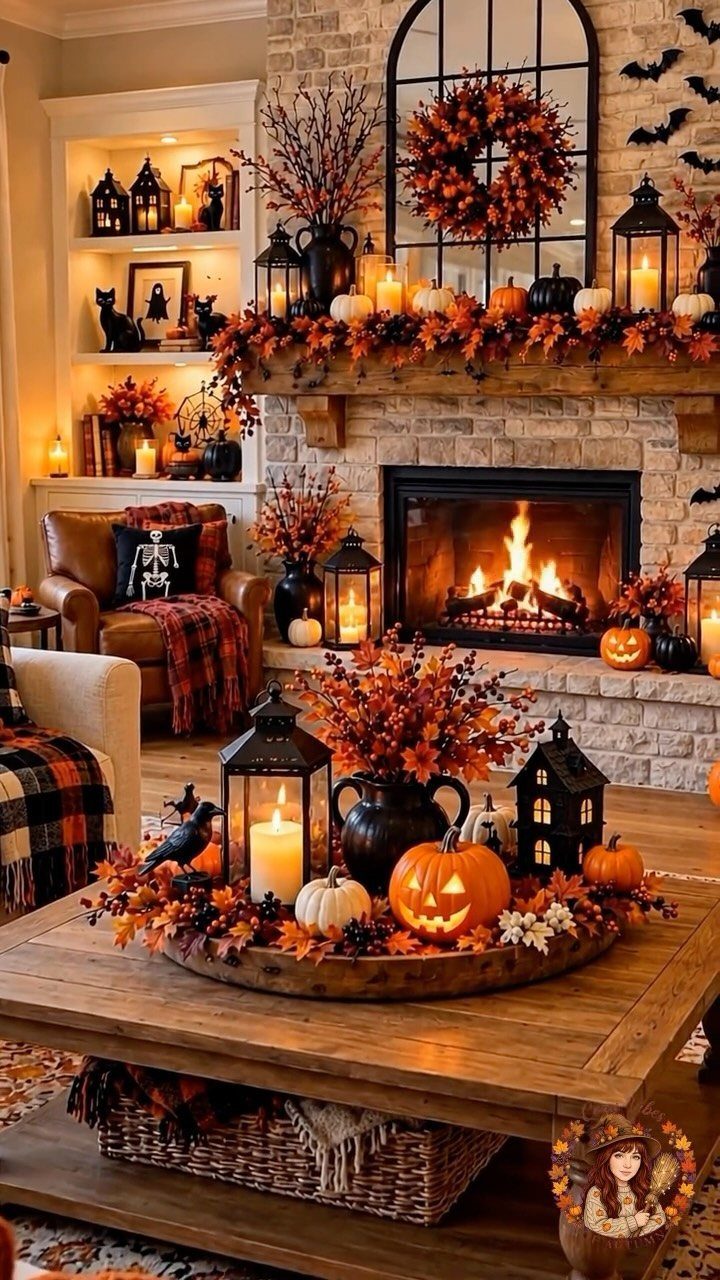 Autumn decorated living room with a stone fireplace, pumpkins, and orange fall foliage.