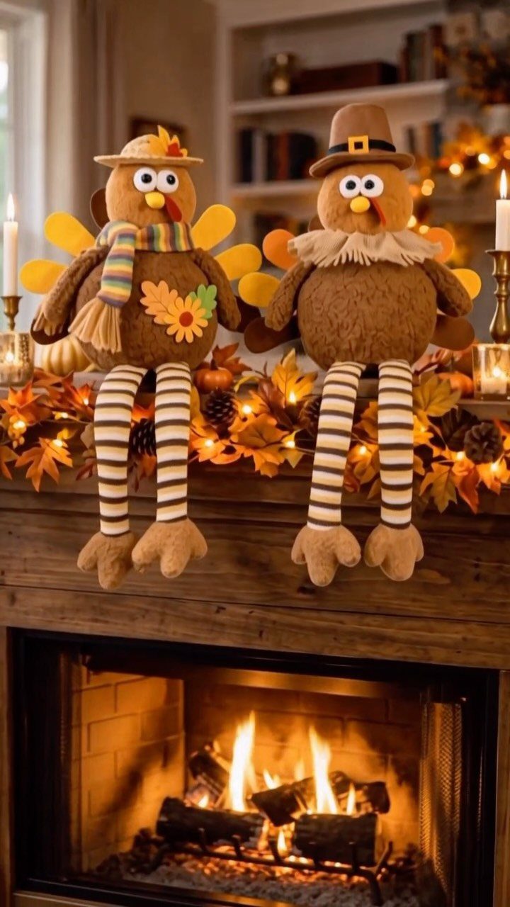 Two plush turkeys sitting on a wooden fireplace mantel decorated with autumn leaves