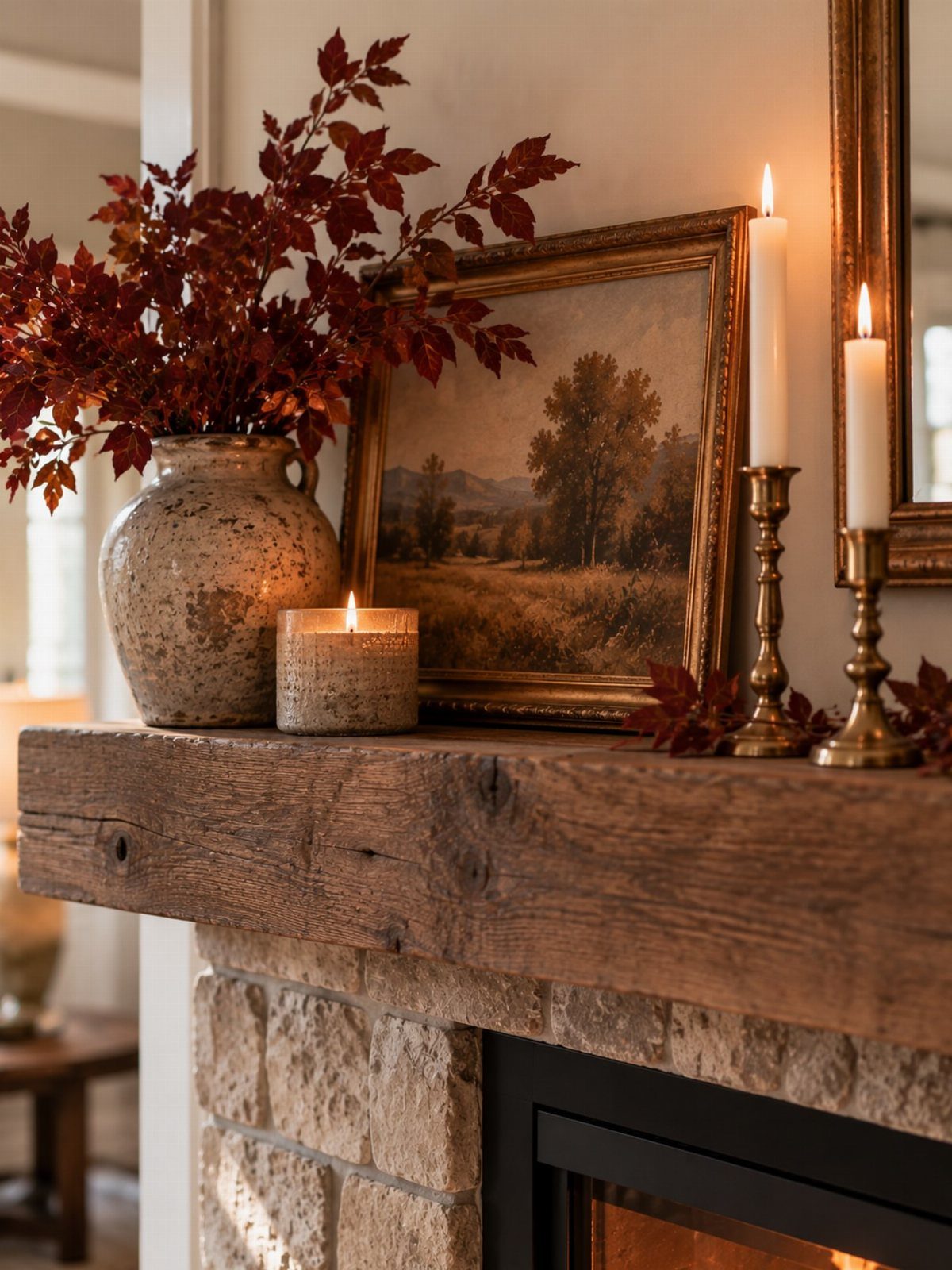 Rustic wooden mantel with red autumn leaves, gold-framed painting, and brass candlesticks.