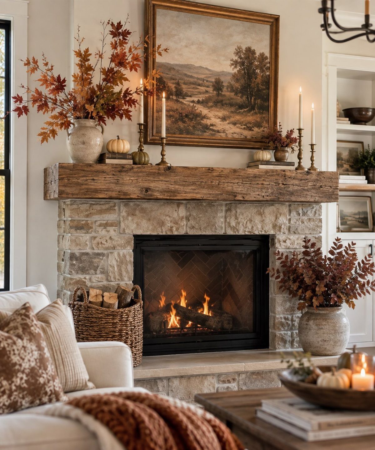 Rustic stone fireplace with a reclaimed wood mantel decorated for autumn with brass candlesticks.