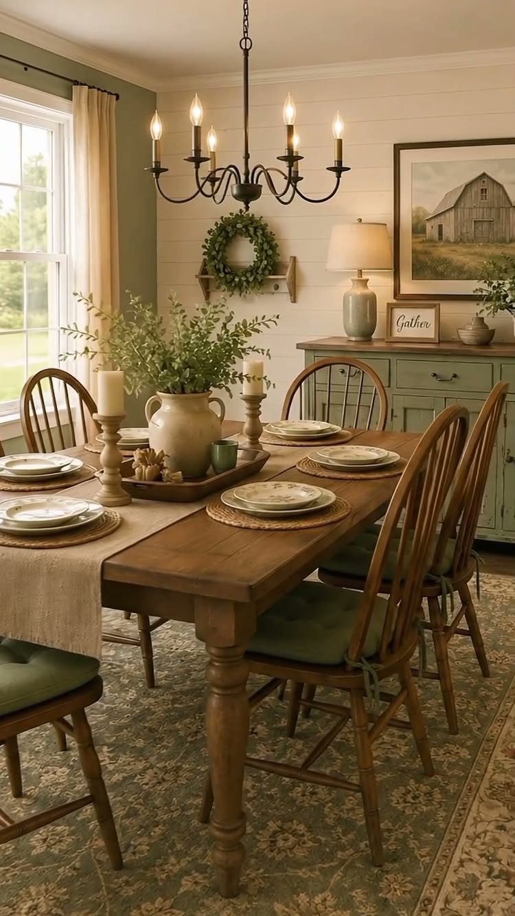 Wooden dining table with green chairs and a black chandelier in a farmhouse room.