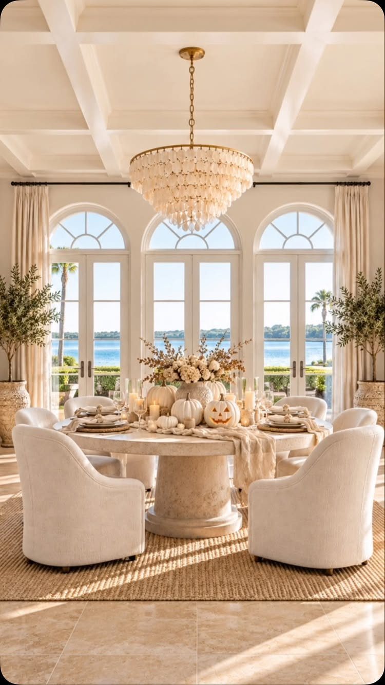 Round stone dining table with cream upholstered chairs in a bright neutral room
