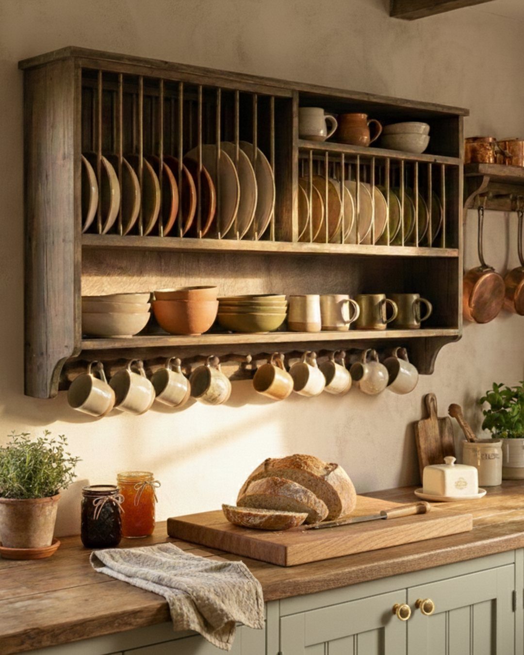 Wooden open shelving unit holding ceramic plates and mugs above a rustic kitchen counter
