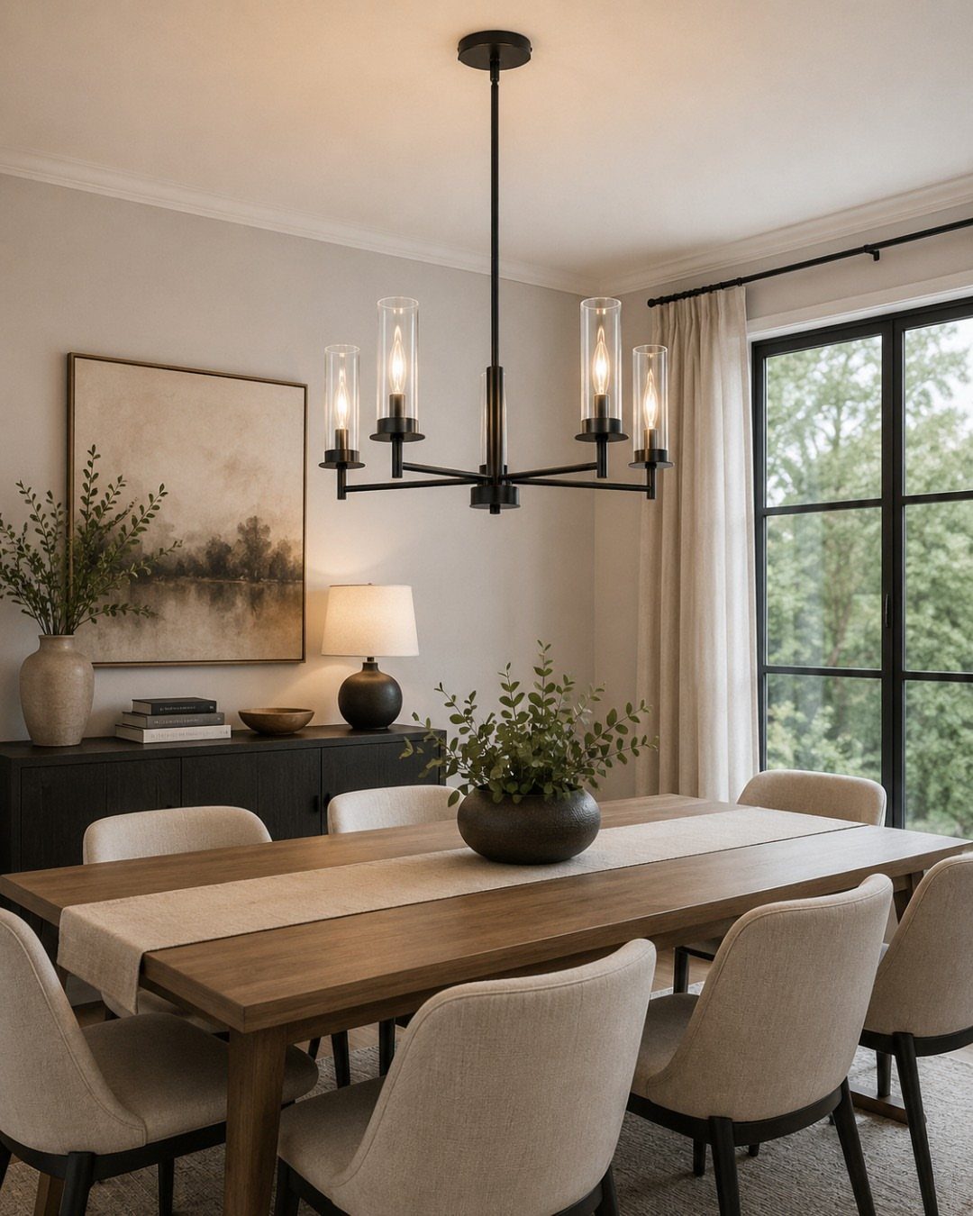 Black linear chandelier with glass shades hanging over a wooden farmhouse dining table