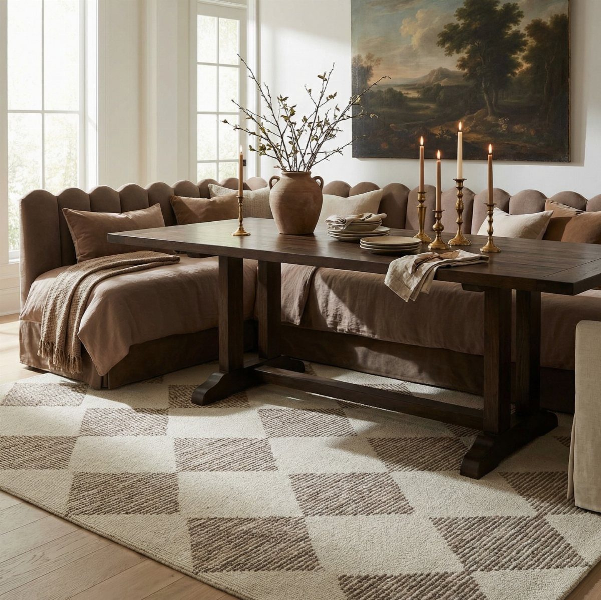 Checkered beige and cream textured rug under a dark wood farmhouse dining table