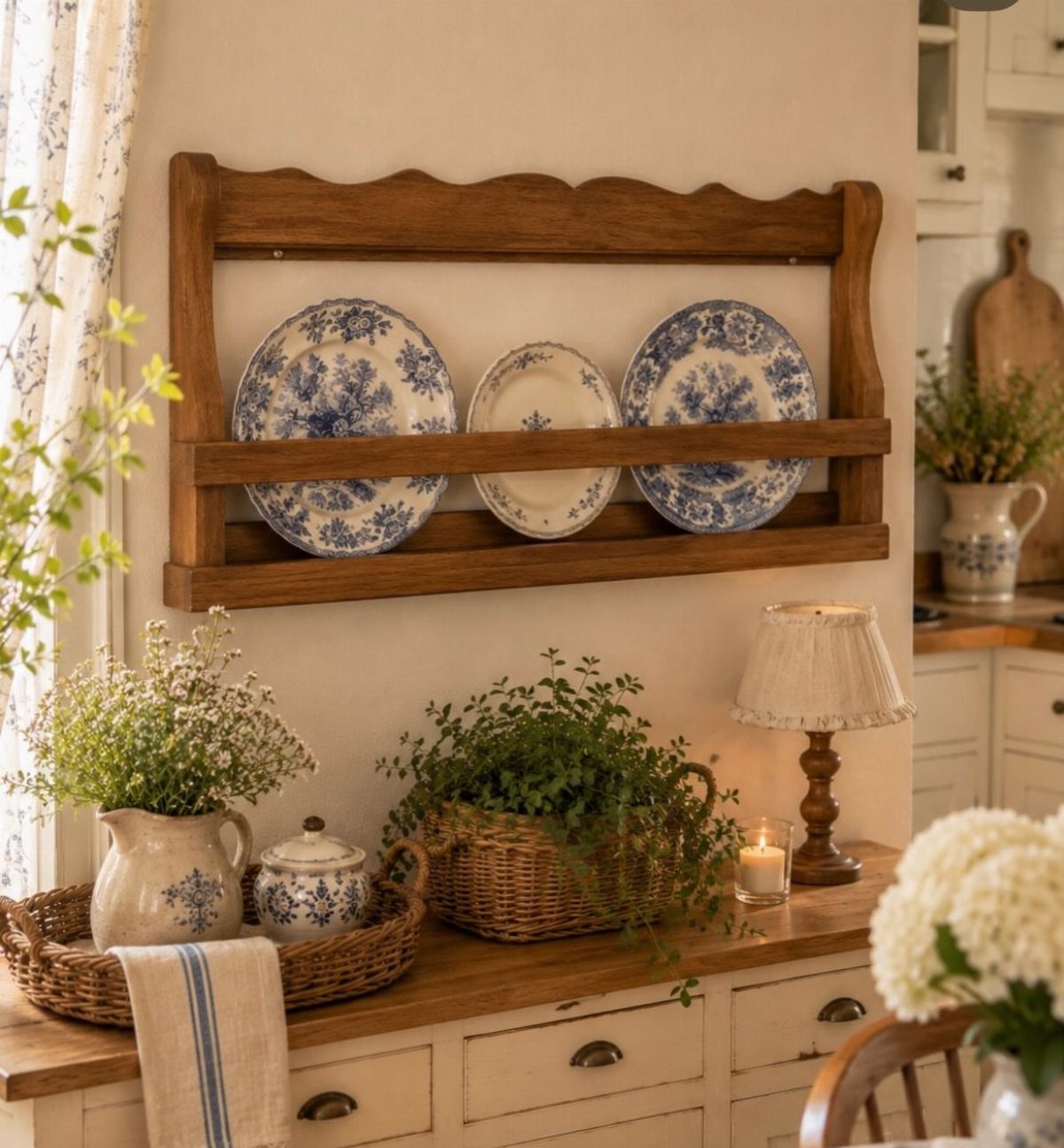 Blue and white patterned plates displayed on a rustic wooden wall rack.