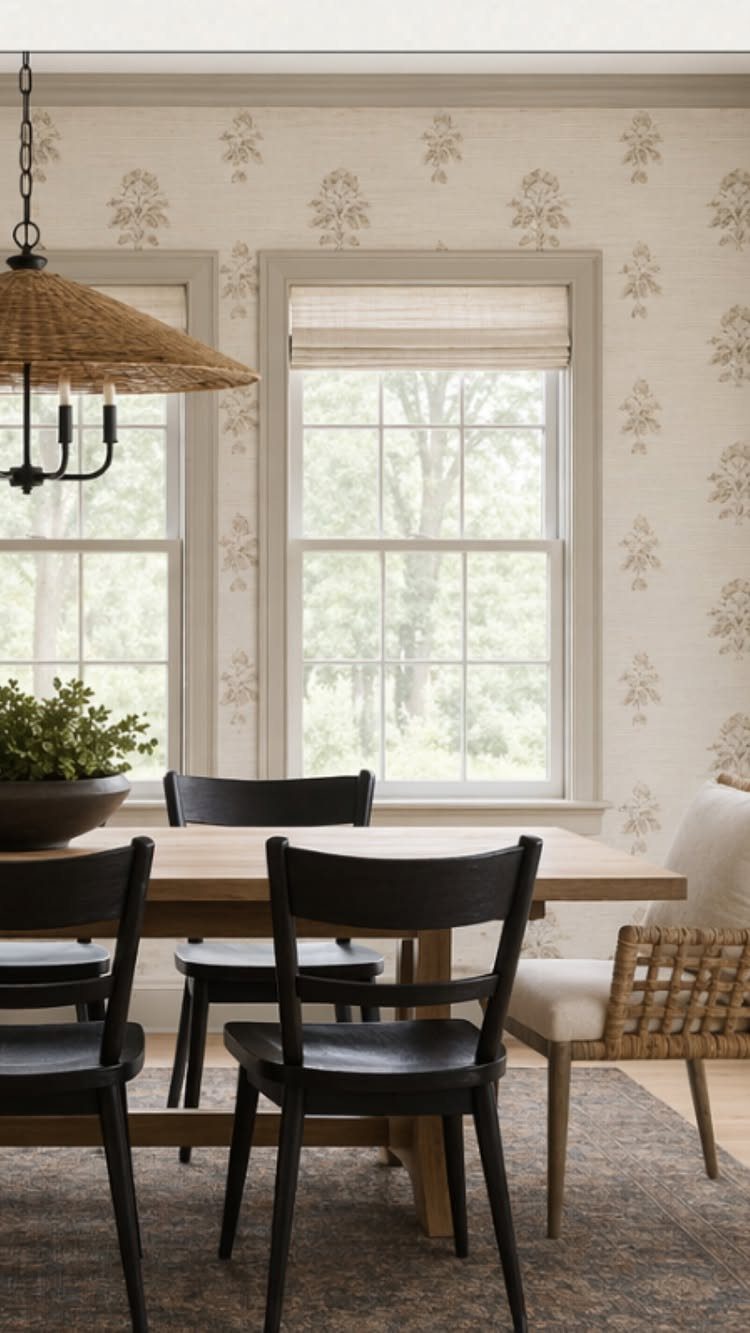 Modern dining room with light wood table, black chairs, and floral wallpaper.