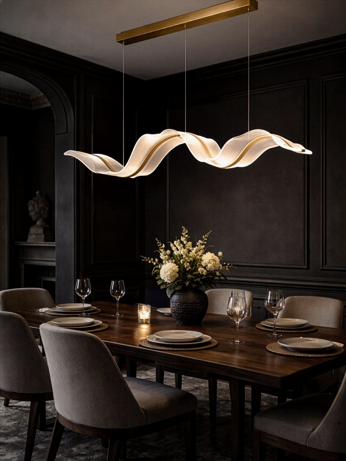 Formal dining room with dark walls, wooden table, and wavy white pendant light.