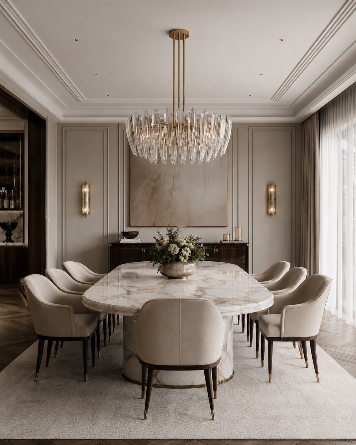 Symmetrical dining room with marble table, beige chairs, and a crystal chandelier.
