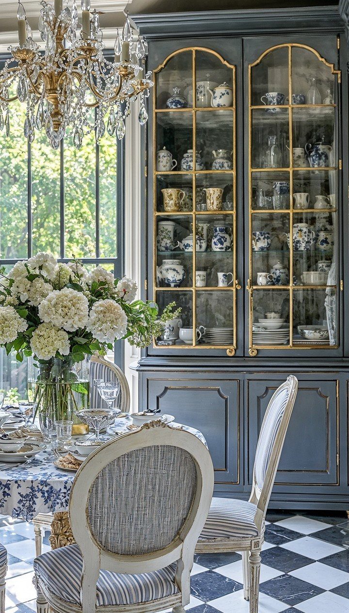 French country dining room with blue hutch, crystal chandelier, and checkered floor.