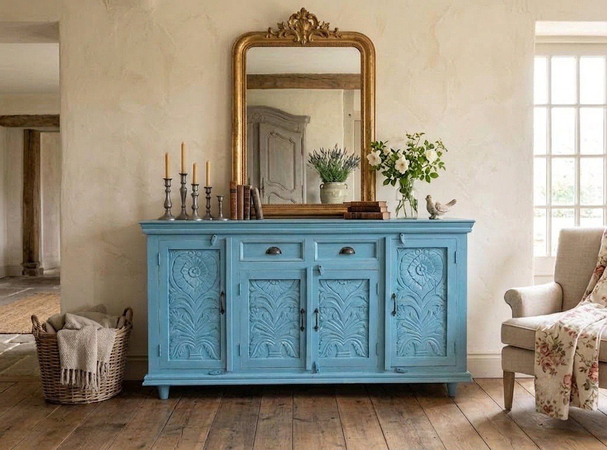 Blue carved wooden sideboard with a gold mirror and flowers against a beige wall