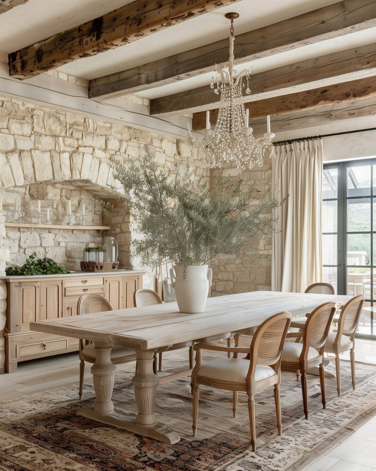 Rustic dining room with wooden table, crystal chandelier, and stone walls.