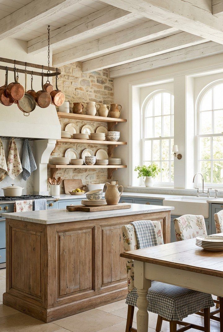 Rustic kitchen and dining area with white beams, stone walls, and wooden furniture.