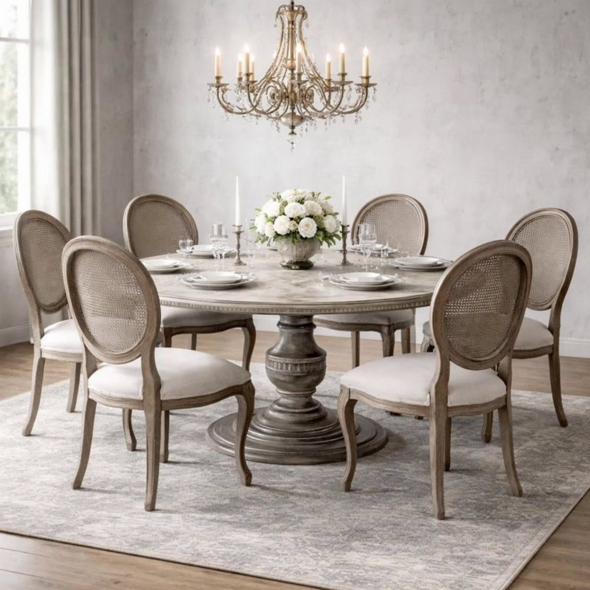 Round wooden dining table with cane-back chairs and a crystal chandelier in a room.
