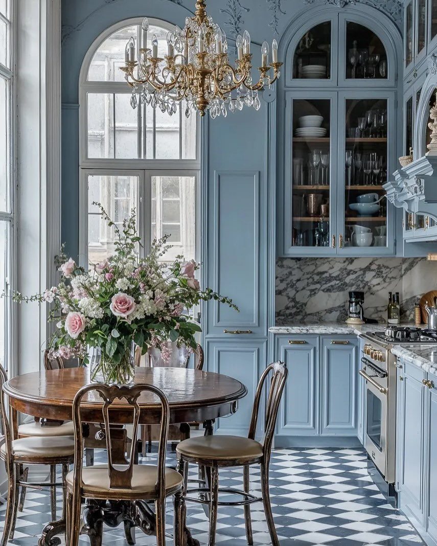 Round wooden dining table with pink flowers in a blue country kitchen.